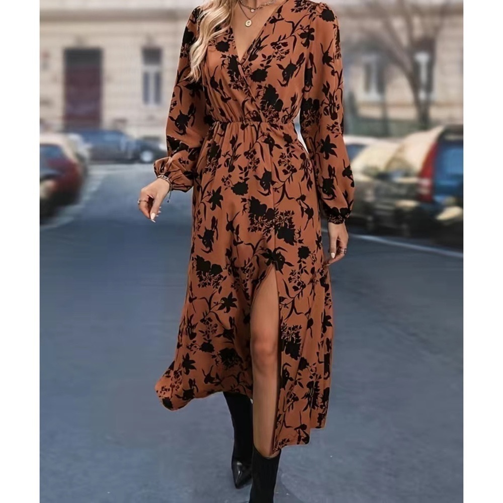 Women’s Allover Floral Print Bishop Long Sleeve V Neck High Slit Midi Dress New - Picture 5 of 7